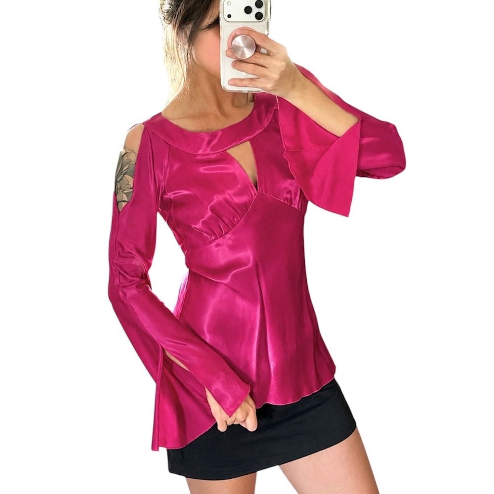 Cache Womens Fuchsia Pink Satin Cold Shoulder‎ Bell Sleeve Cutout Blouse Size 6